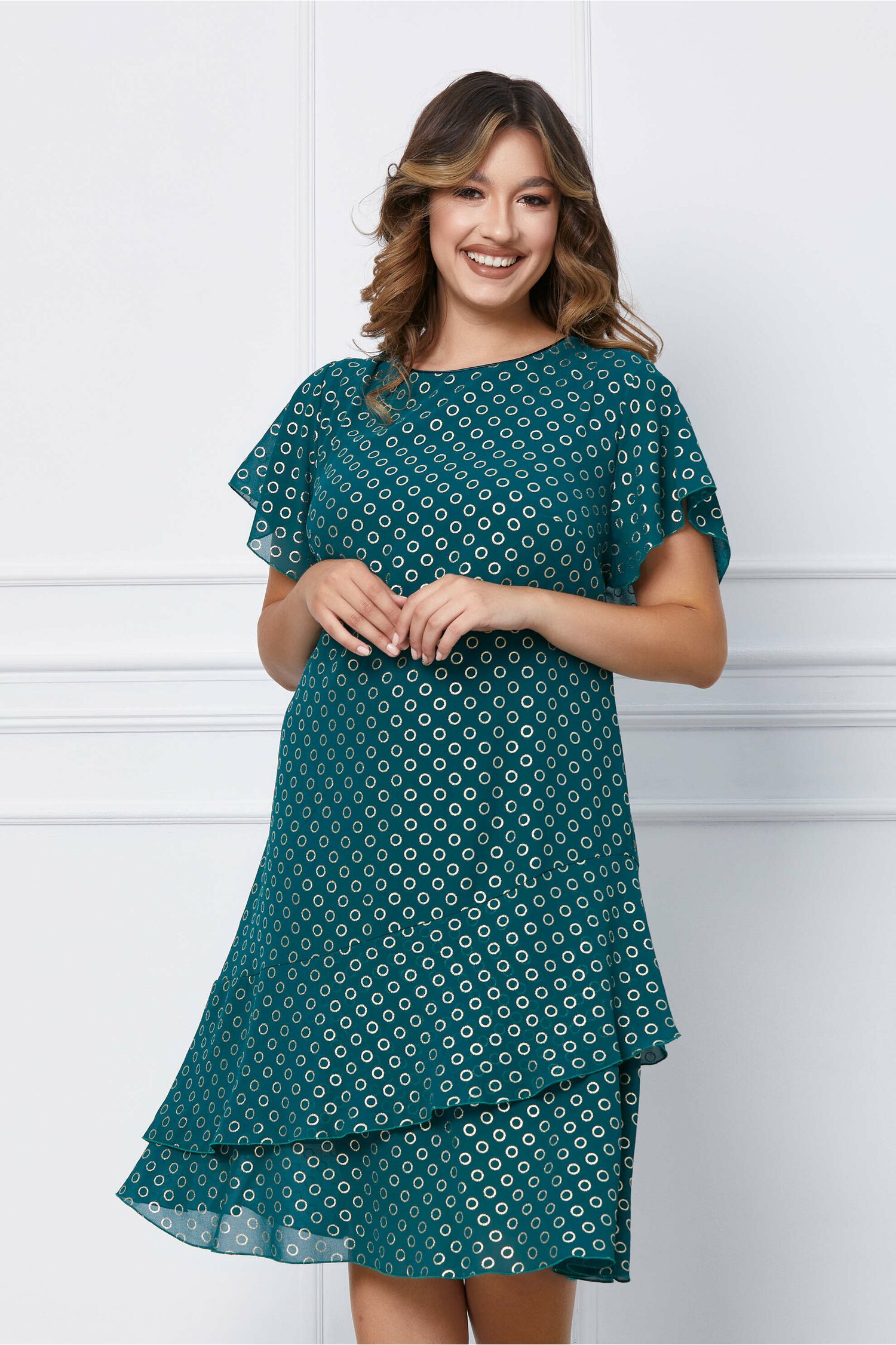 Rochie Elisa verde cu buline aurii si decolteu rotund