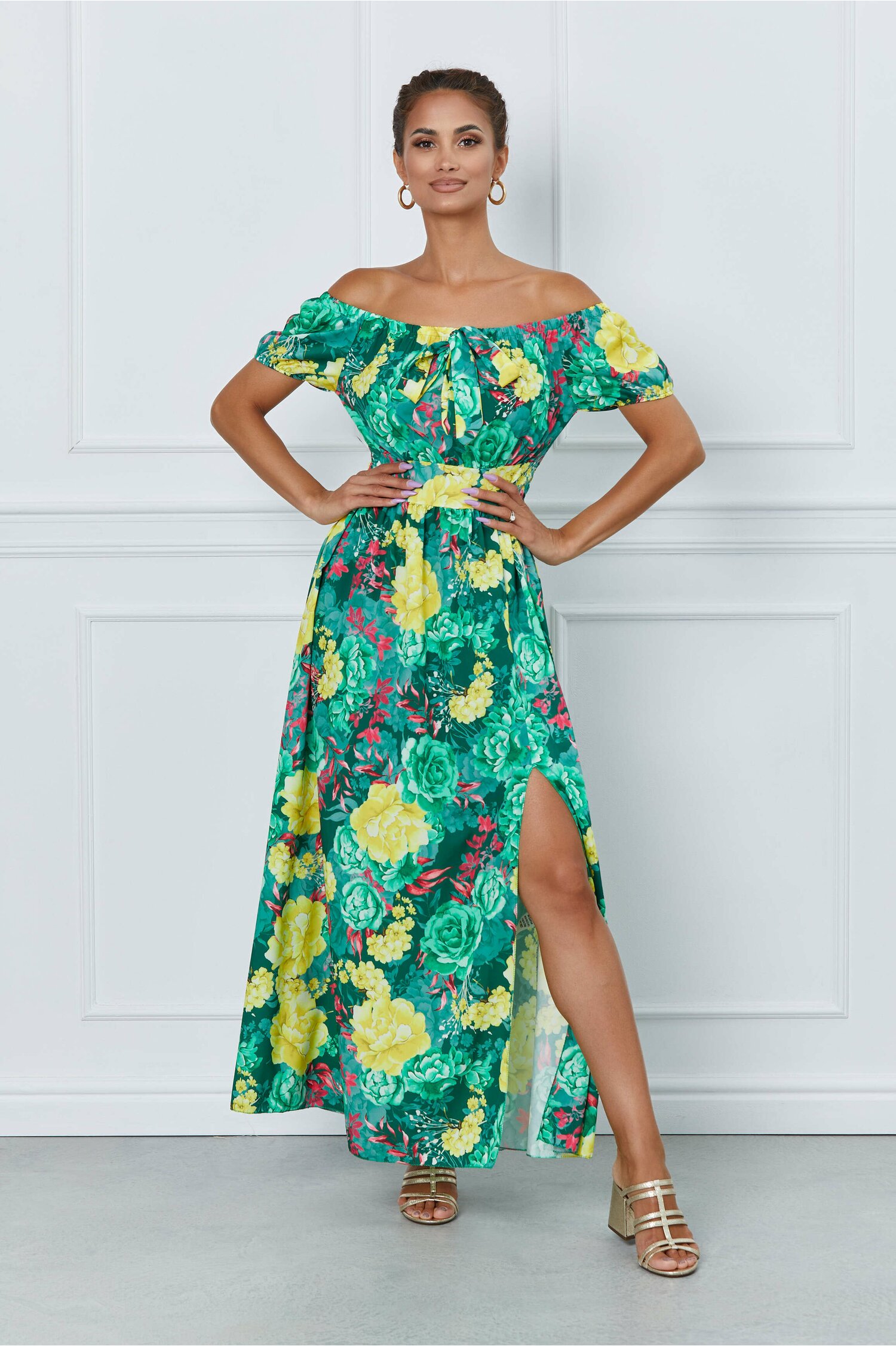 Rochie cu imprimeu floral Elisa verde si elastic la decolteu