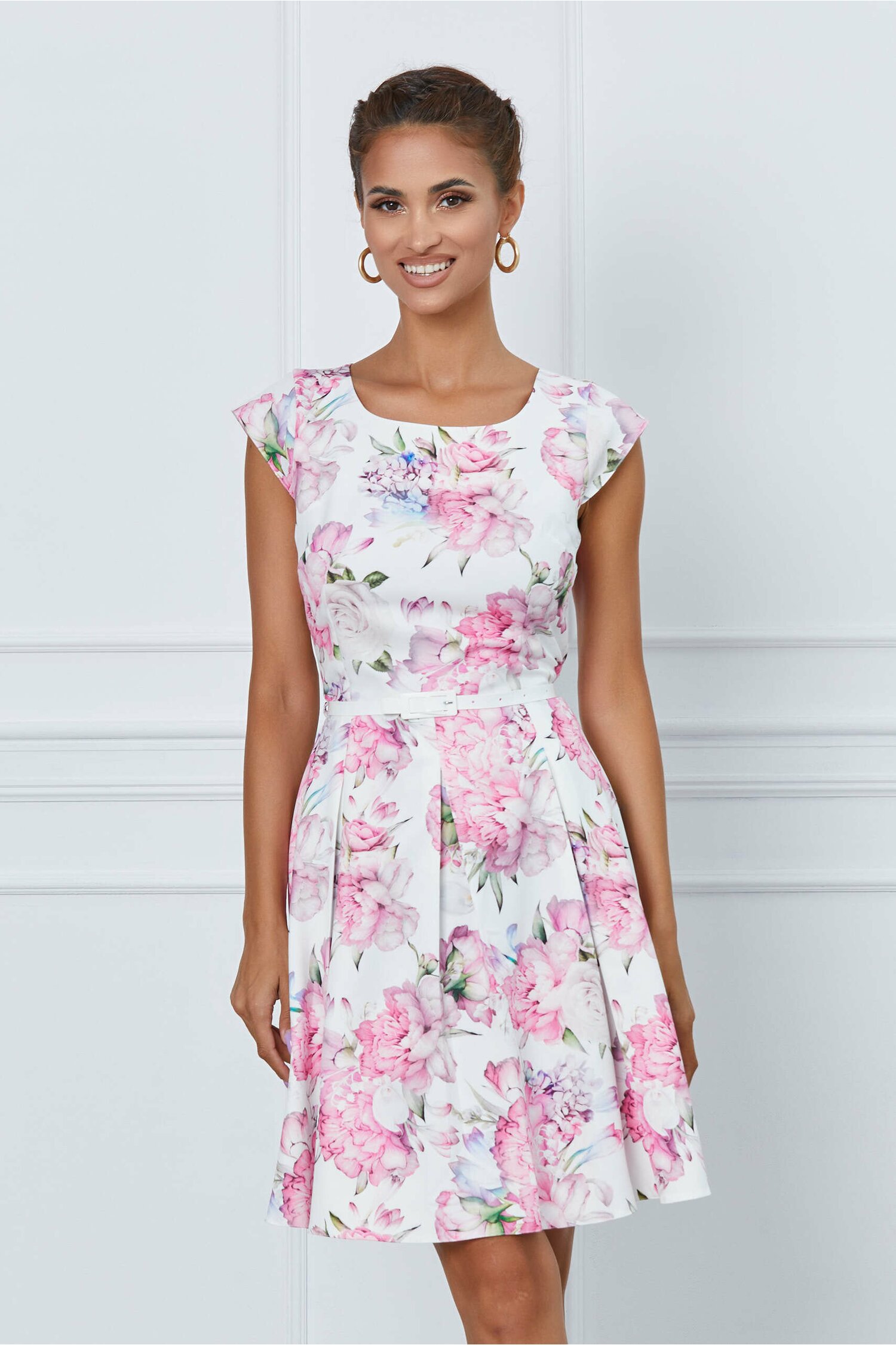 Rochie Ella alba cu imprimeu floral roz