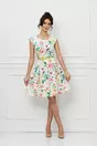Rochie Ella alba cu imprimeu floral verde lime si curea in talie