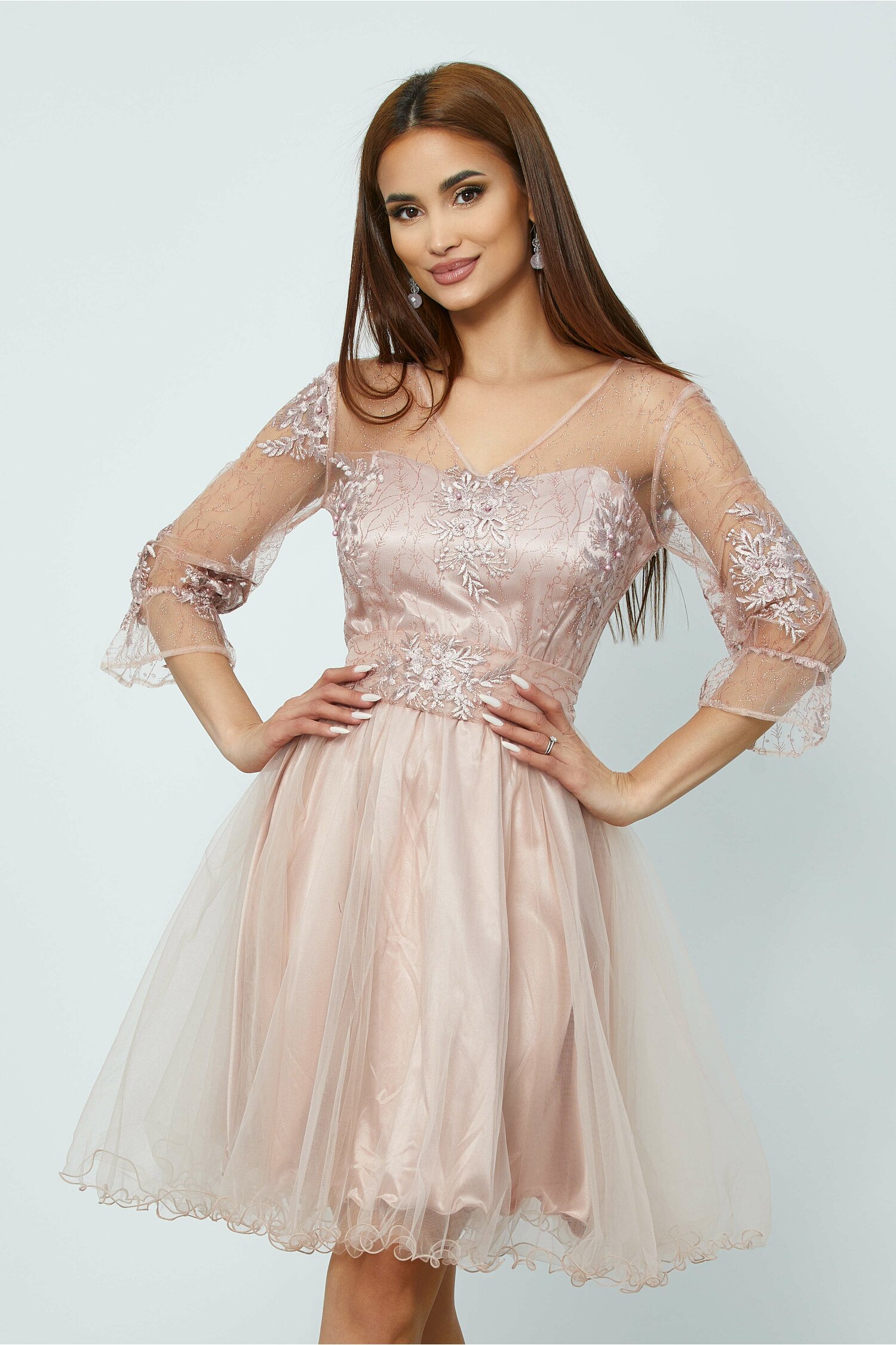 Rochie Ella Collection Adriana roz pudra din tull cu broderie