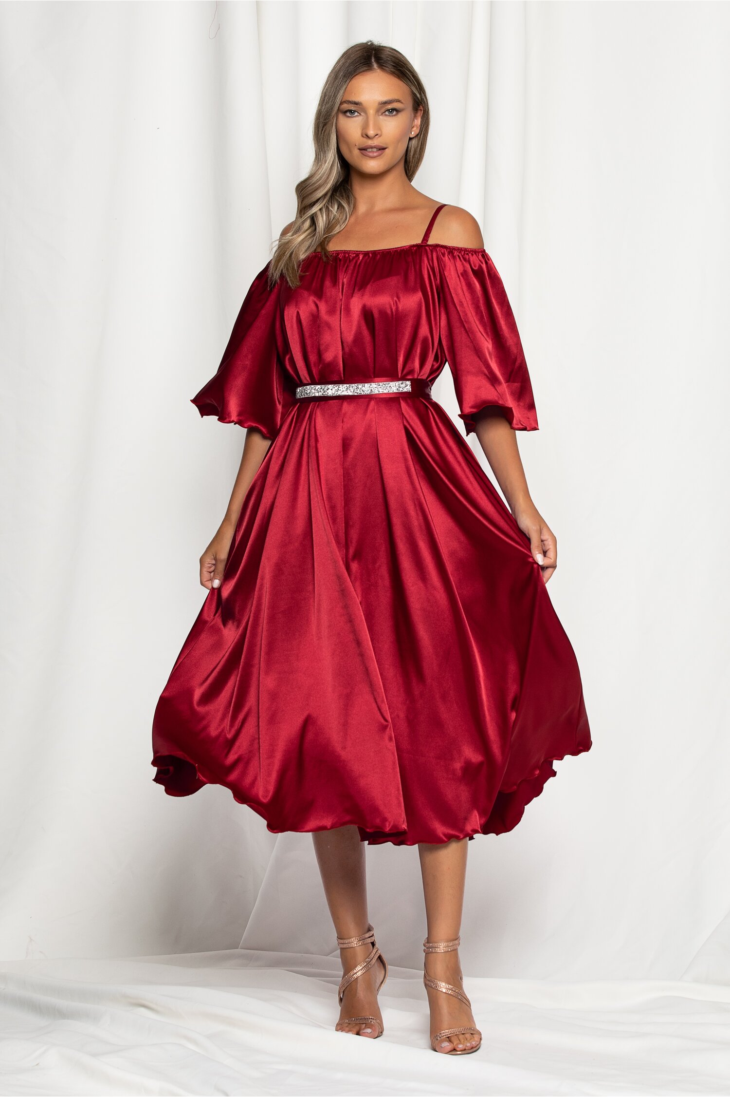 Rochie Ella Collection Amedeea midi bordo sidefata cu maneci cazute si strasuri