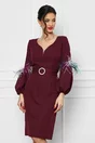 Rochie Ella Collection Kely bordo cu pene pe maneci