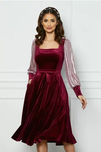 Rochie Ella Collection Valeria magenta din catifea cu maneci din tull
