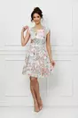 Rochie Ella gri cu imprimeu roz pastel si curea in talie