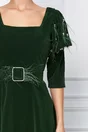 Rochie Emma verde din catifea cu bilute la maneci si curea in talie