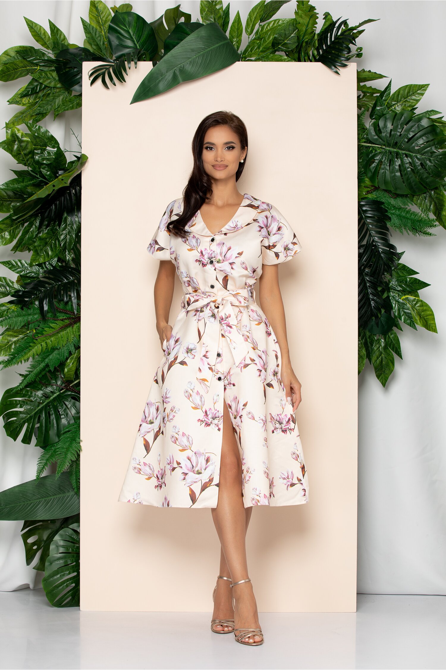 Rochie Esen tip camasa peach cu imprimeu floral