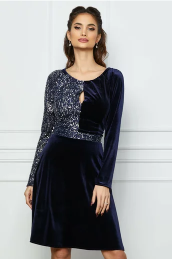 Rochie Estel bleumarin din catifea cu paiete