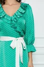 Rochie Felicia verde cu buline albe si cordon in talie