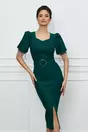 Rochie Flavia verde din neopren cu franjuri la maneci si curea in talie