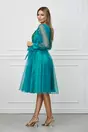 Rochie Florina turcoaz din organza cu broderie si cordon in talie