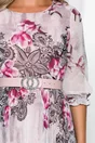 Rochie Georgina roz cu imprimeu floral fuchsia si pliuri pe fusta