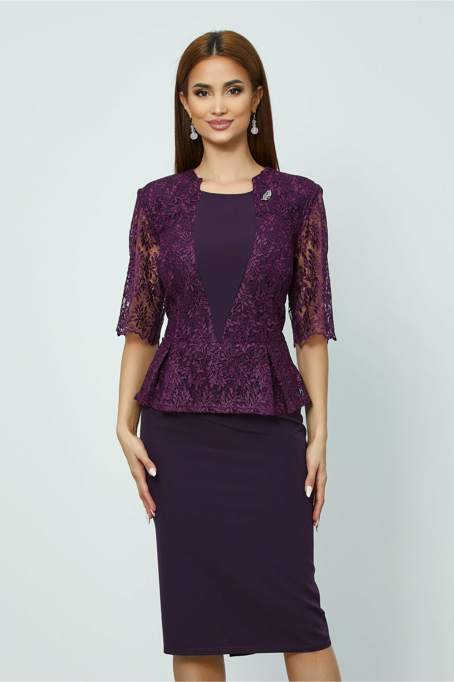 Rochie Gratiela mov cu peplum si broderie la bust