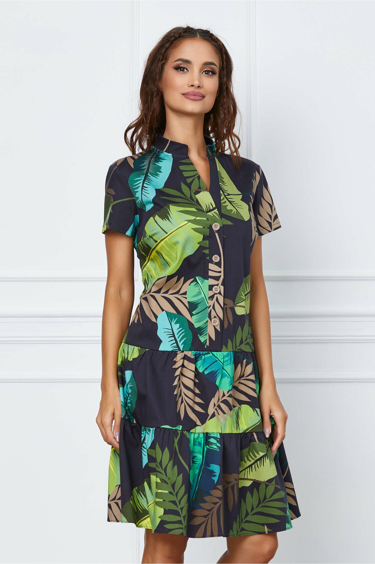 Rochie Ilona neagra cu imprimeu exotic verde
