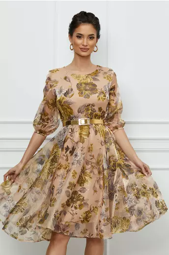 Rochie Ina bej cu imprimeuri florale galbene si curea in talie