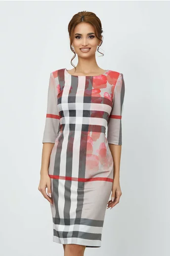 Rochie Ioana beige cu imprimeu carouri rosii