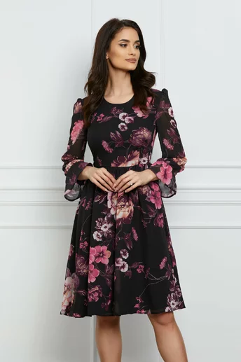 Rochie Isabela neagra cu imprimeu floral roz