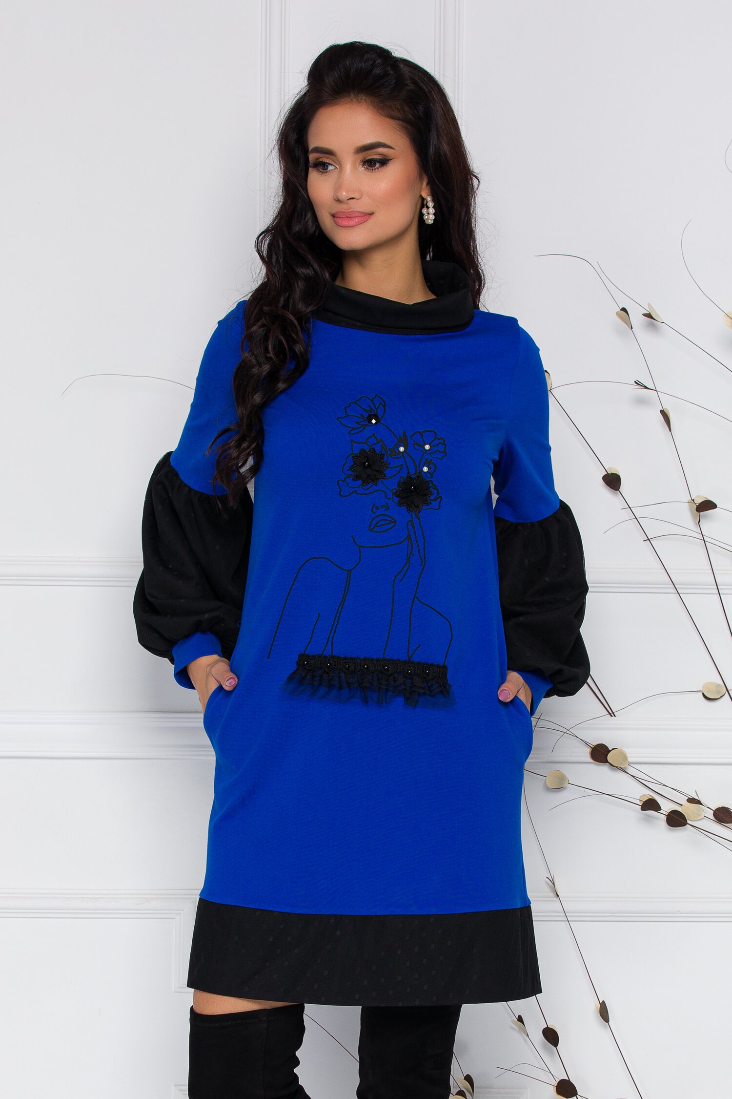 Rochie LaDonna by Catalin Botezatu albastra cu imprimeu si insertii din tull