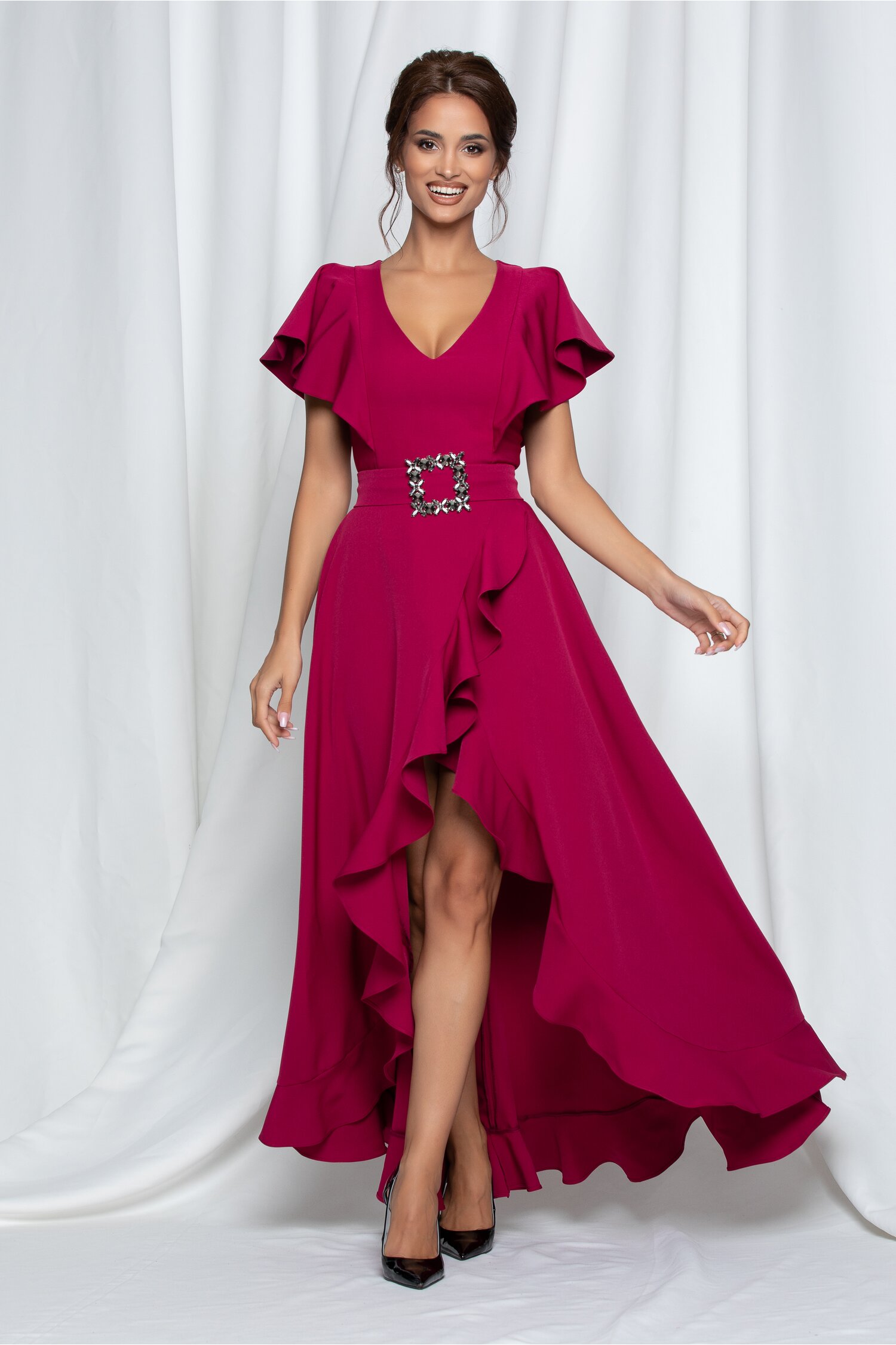 Rochie LaDonna magenta cu maneci tip fluture si curea in talie