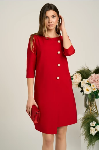 Rochie LaDonna office din stofa rosie cu nasturi perlati