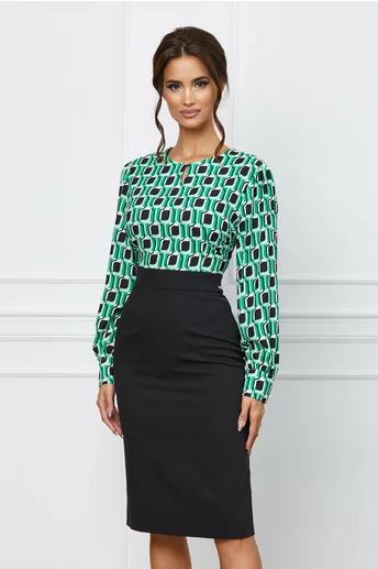 Rochie Larisa neagra cu imprimeu verde la bust
