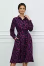 Rochie Leonard Collection mov cu imprimeu negru si cordon in talie