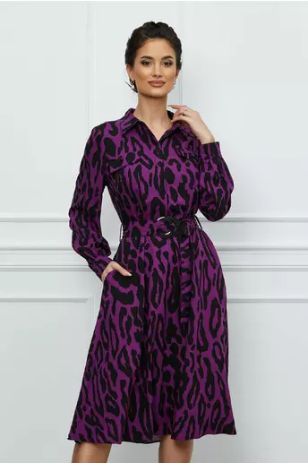 Rochie Leonard Collection mov cu imprimeu negru si cordon in talie
