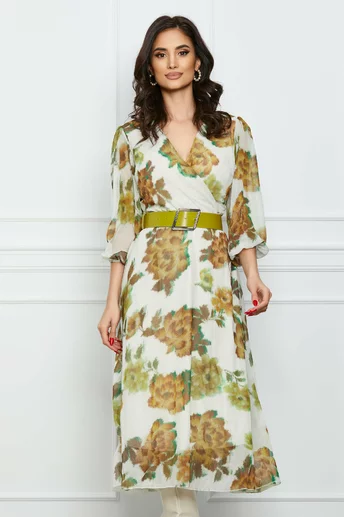 Rochie Lilia alba cu imprimeu verde si decolteu in V
