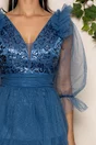 Rochie Lucretia albastra din tulle cu volanase pe fusta si la umeri