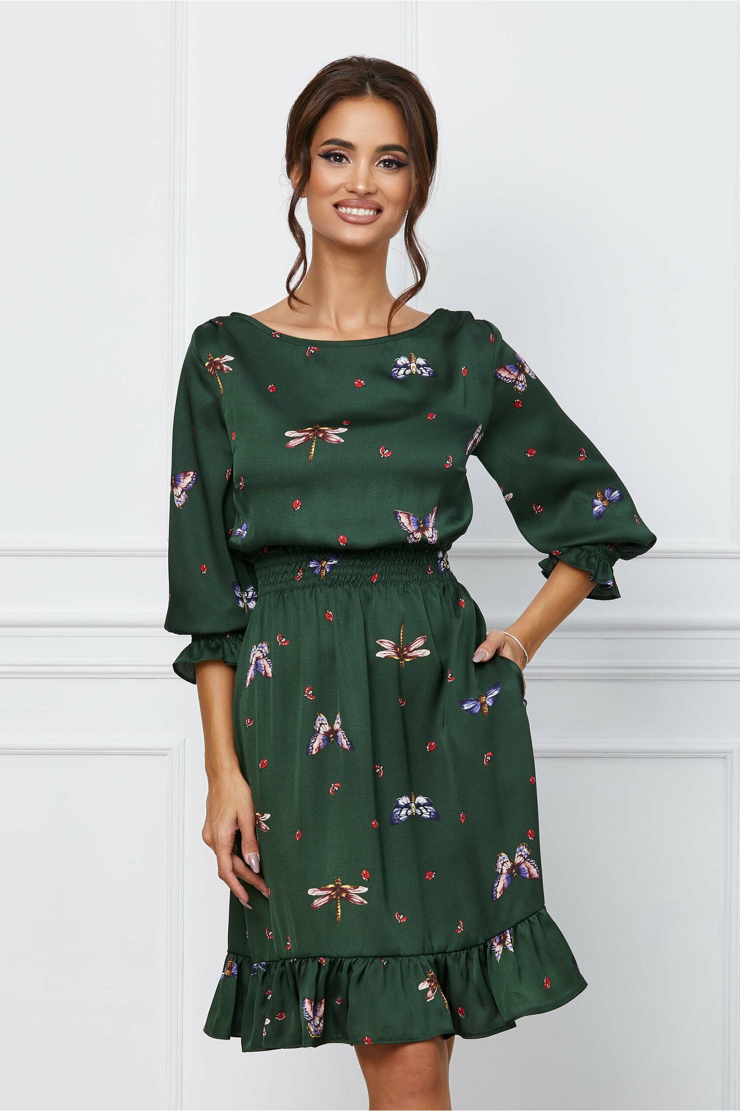 Rochie Maleka verde inchis cu fluturasi