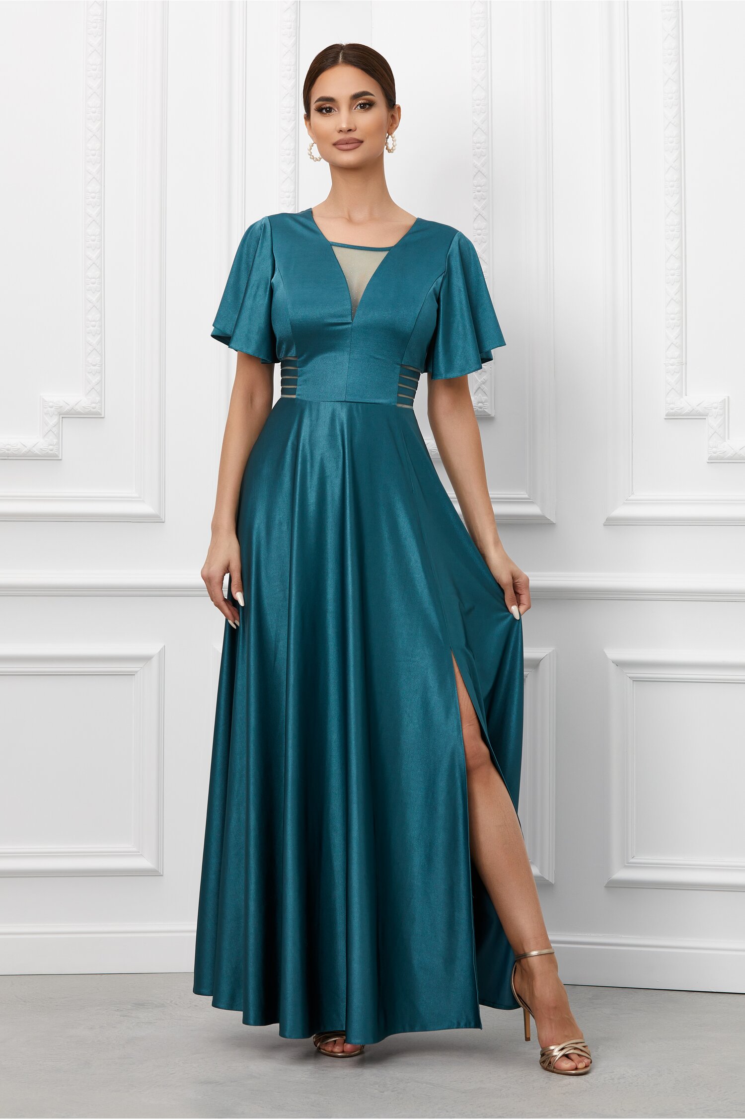 Rochie Malvina albastru petrol cu crapatura pe picior