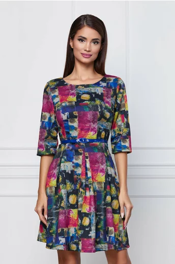 Rochie Mara cu imprimeu multicolor si curea in talie