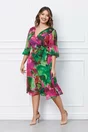 Rochie Mara verde si fucsia cu decolteu petrecut