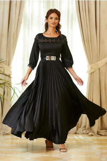Rochie Maria lunga neagra cu fusta plisata