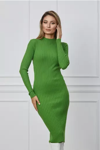Rochie Maria verde casual din tricot reiat