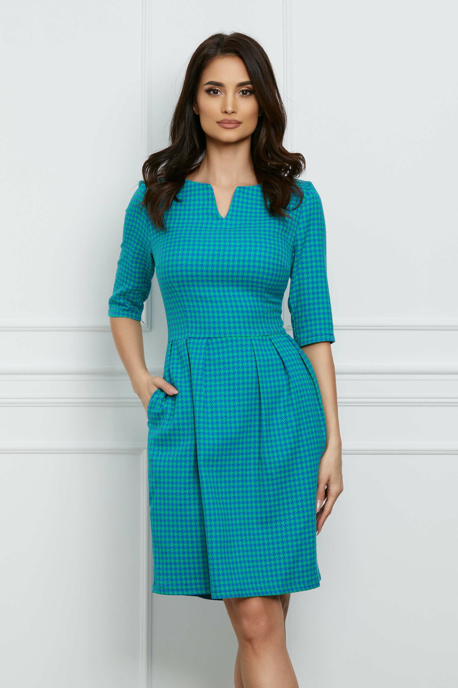 Rochie office cu imprimeu picior de cocos verde-albastru