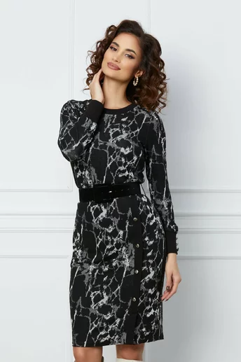 Rochie Marisa neagra cu imprimeuri gri si curea in talie