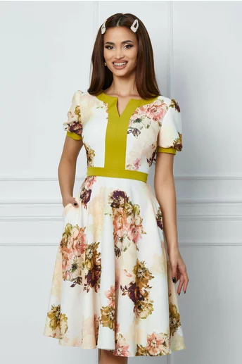 Rochie MBG alba cu imprimeu floral verde lime