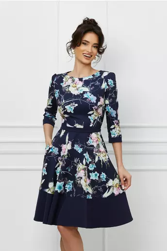 Rochie MBG bleumarin cu imprimeu floral bleu