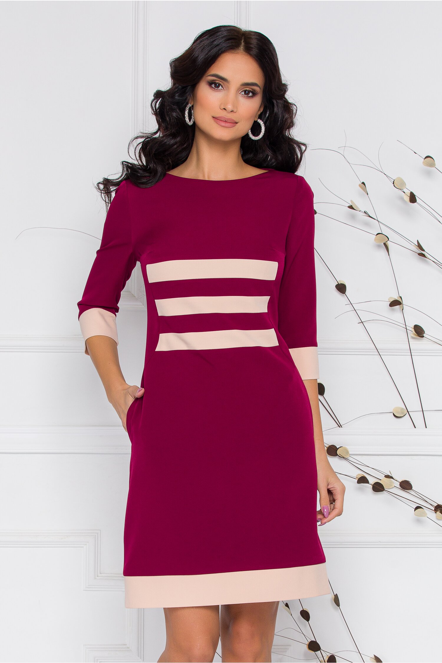 Rochie MBG bordo cu dungi maxi bej si buzunare functionale