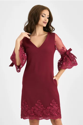Rochie MBG bordo cu maneci si baza din dantela delicata