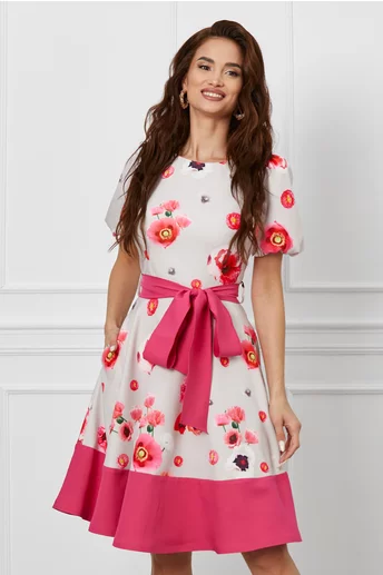 Rochie MBG ivory cu imprimeuri florale roz
