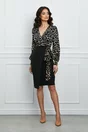 Rochie MBG neagra cu imprimeu bej la bust si funda in talie