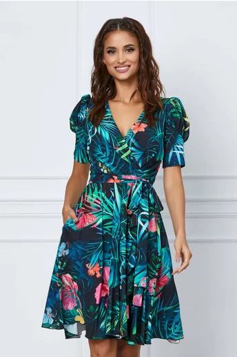 Rochie MBG neagra cu imprimeu exotic si cordon in talie
