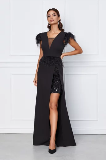 Rochie MBG neagra lunga cu pene si paiete