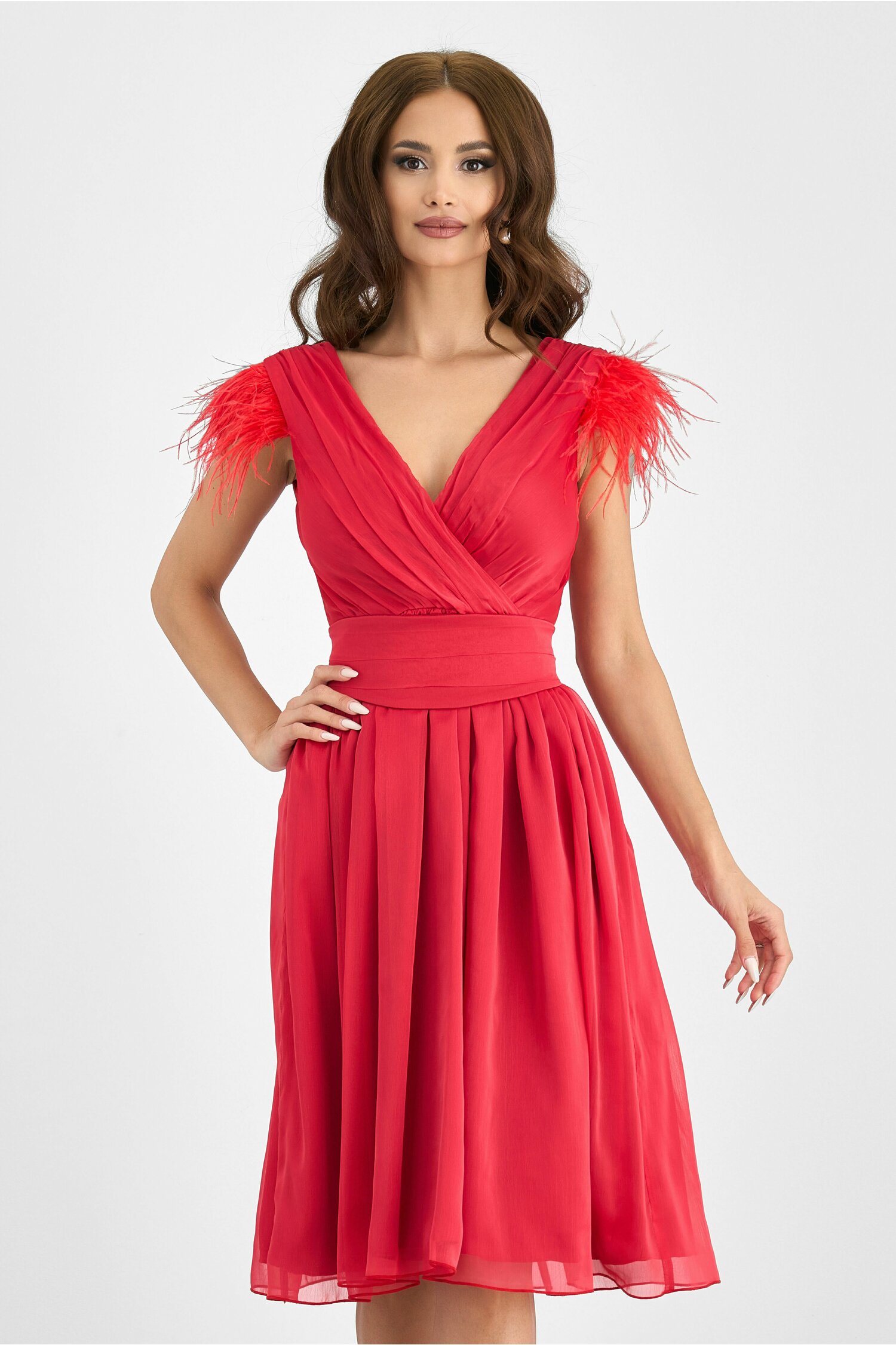 Rochie MBG rosie din voal cu fulgi la maneci
