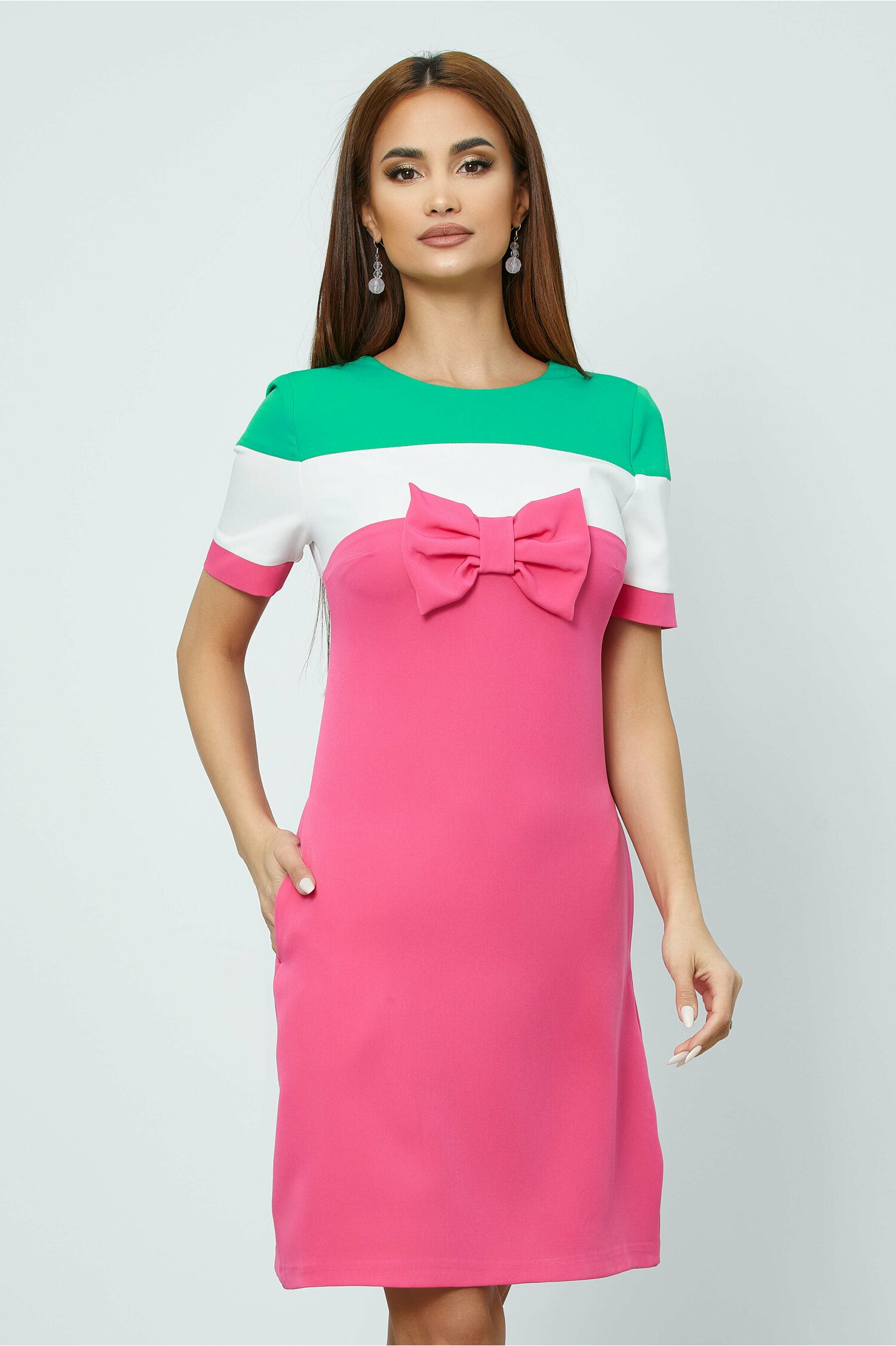 Rochie MBG roz cu funda si bust verde