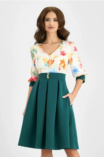 Rochie MBG verde cu nasturi decorativi in talie si imprimeu floral la bust