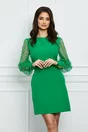 Rochie MBG verde cu tull si buline catifelate pe maneci