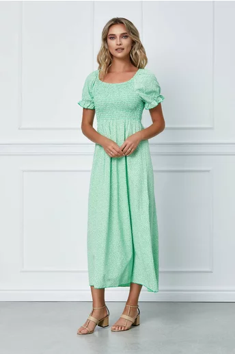Rochie Mira verde crud cu floricele albe